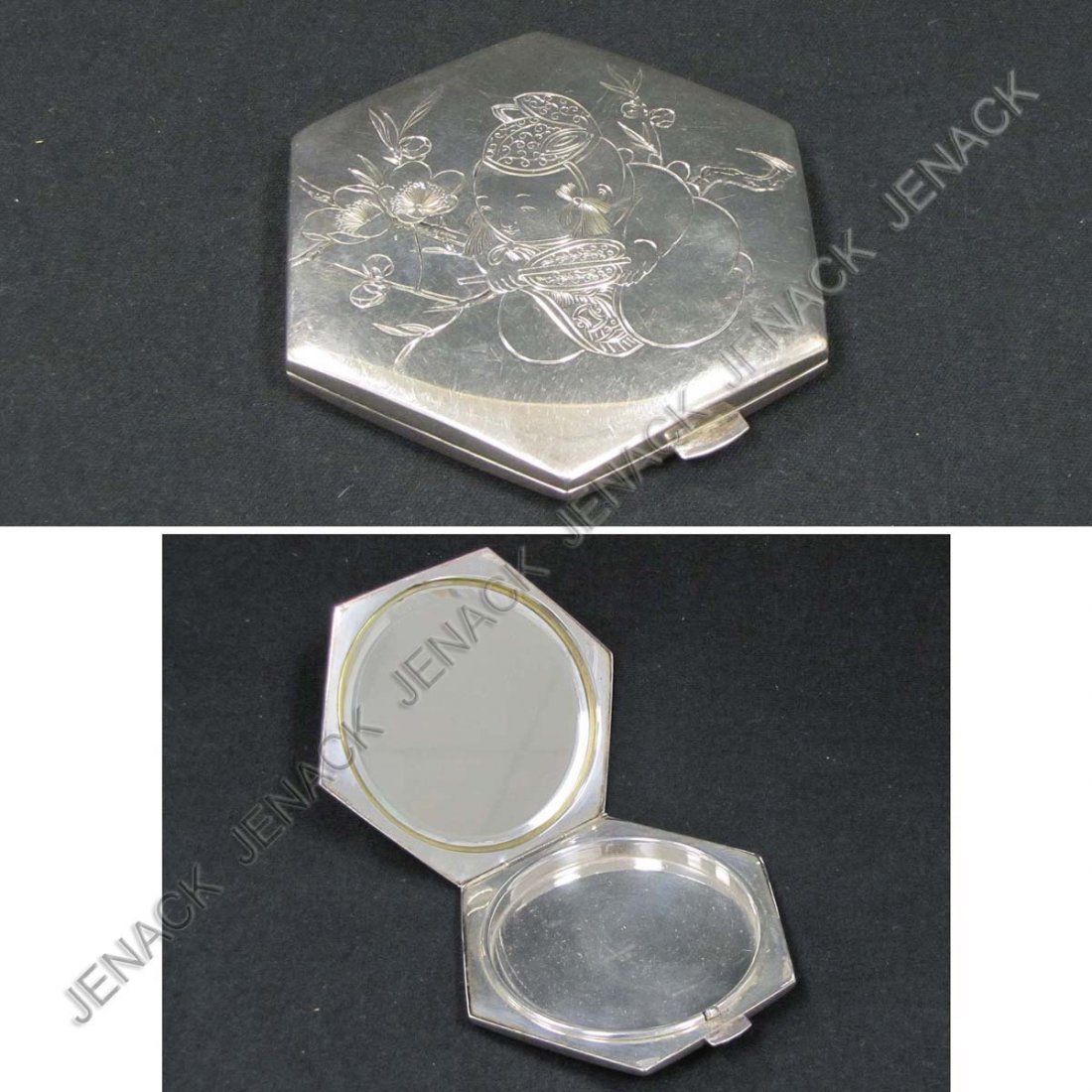JAPANESE DESIGN .950 STERLING SILVER COMPACT: VINTAGE JAPANESE DESIGN .950 STERLING SILVER COMPACT, SIGNED. DIAMETER 4" (SLIGHT DENT)