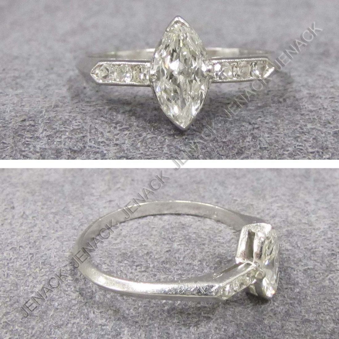 PLATINUM & 0.60 CT MARQUISE DIAMOND RING: PLATINUM & 0.60 CT MARQUISE DIAMOND RING WITH (6) 1.5MM SINGLE-CUT SIDE STONES. SI1/SI2; FACES UP WHITE. RING SIZE 8 1/2; 2.99 GRAMS