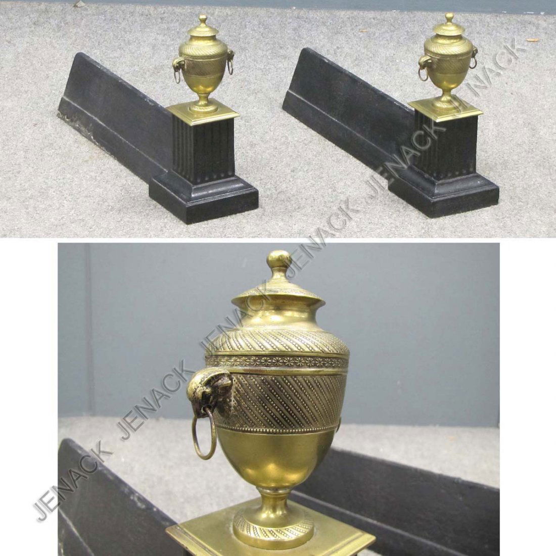 PAIR GEORGE III BRASS AND IRON ANDIRONS: PAIR GEORGE III BRASS AND IRON ANDIRONS, 18/19TH CENTURY. HEIGHT 19"