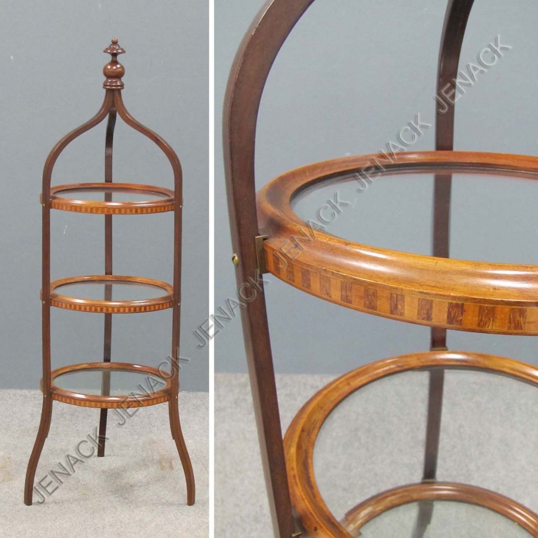 HEPPLEWHITE STYLE MAHOGANY 3-TIER STAND: HEPPLEWHITE STYLE CARVED AND INLAID MAHOGANY 3-TIER STAND. HEIGHT 38"