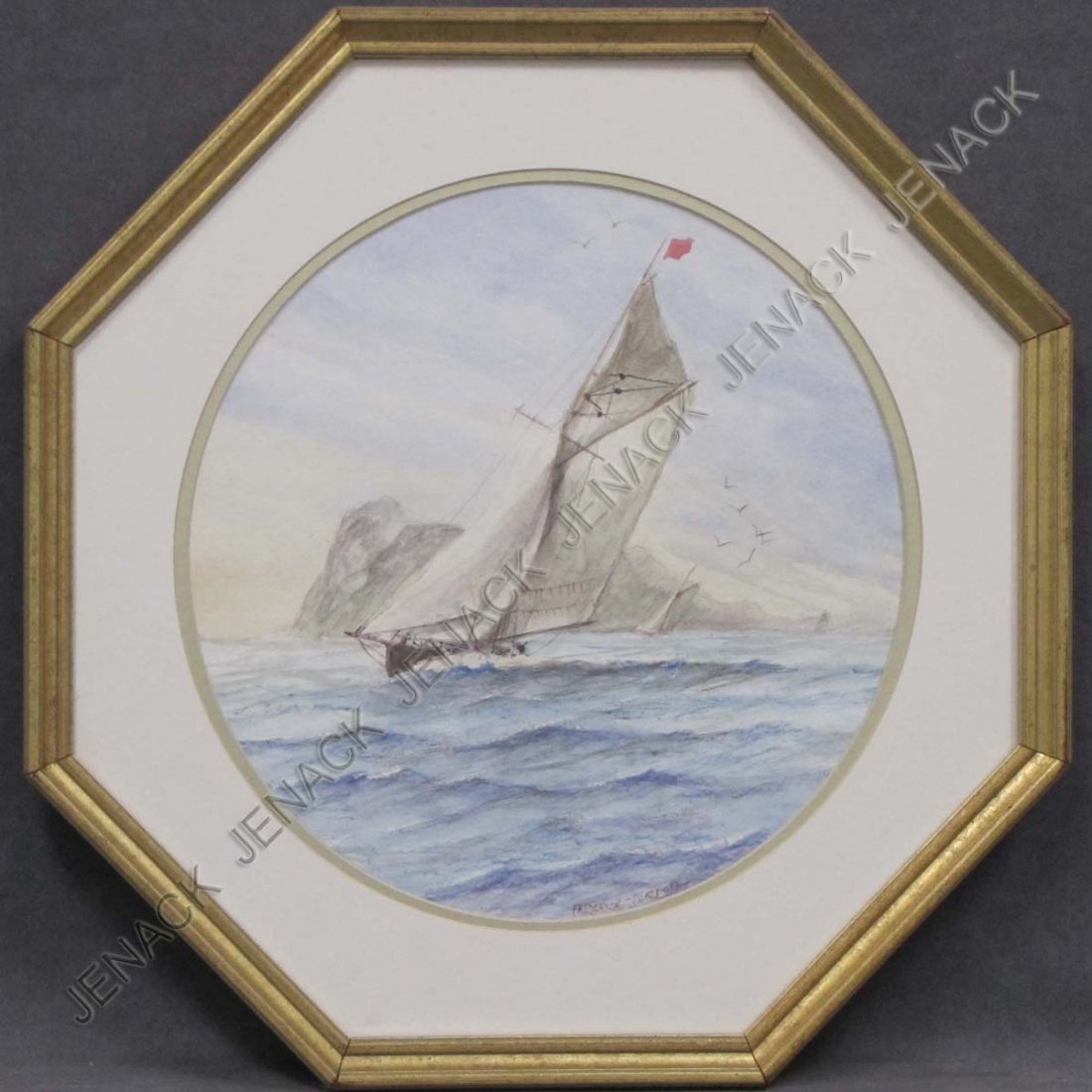 FREDERICK TORDOFF (ANGLO/AMERICAN 20TH CENTURY): FREDERICK TORDOFF (ANGLO/AMERICAN 20TH CENTURY), WATERCOLOR, "YACHT BRITANNIA RACING OFF GIBRALTAR", SIGNED. DIAMETER 12"; FRAMED AND GLAZED 17 X 17"