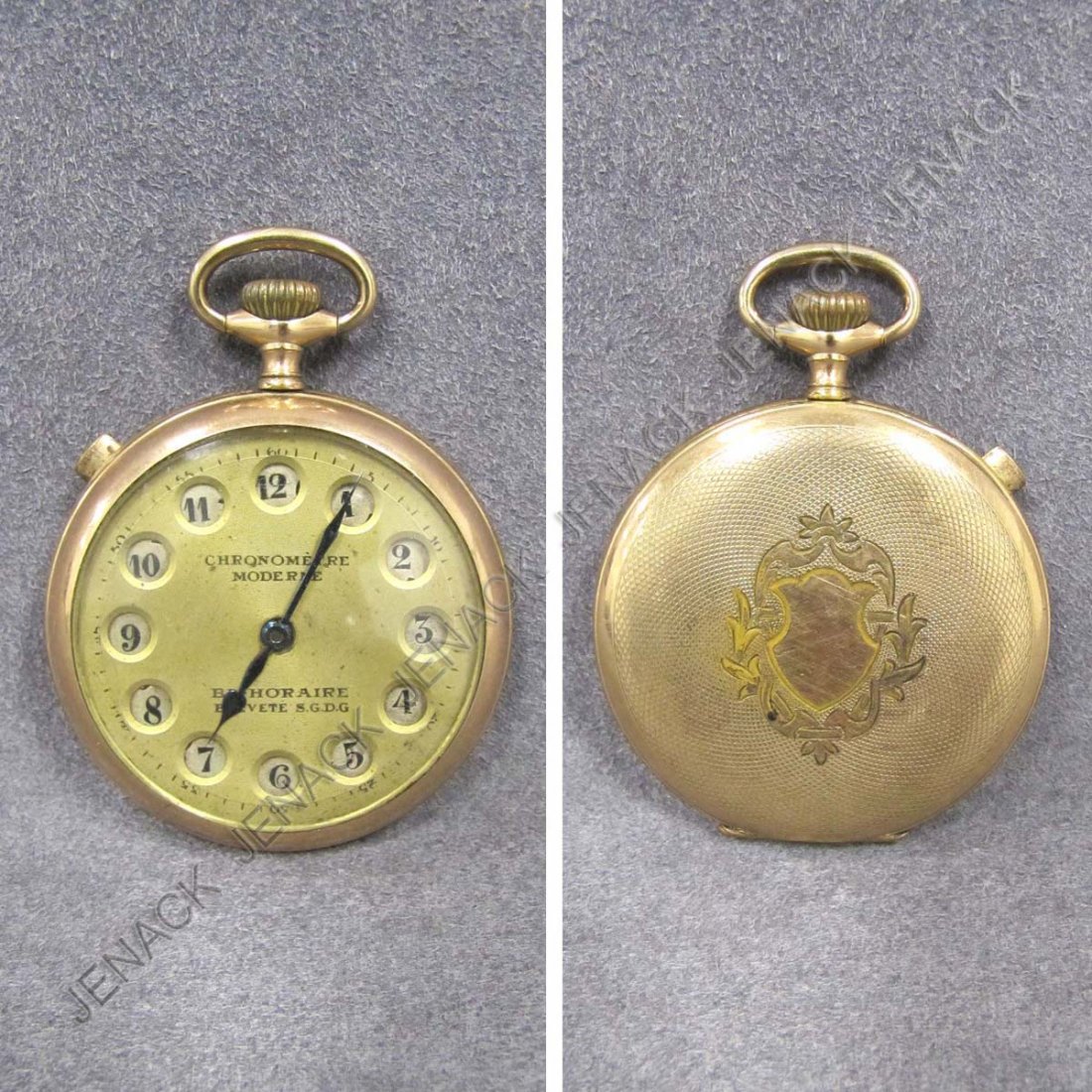VINTAGE SWISS GOLD FILLED "CHRONOMETRE MODERNEö: VINTAGE SWISS GOLD FILLED "CHRONOMETRE MODERNE, BI-HORAIRE" OPEN-FACE POCKET WATCH. 51 MM