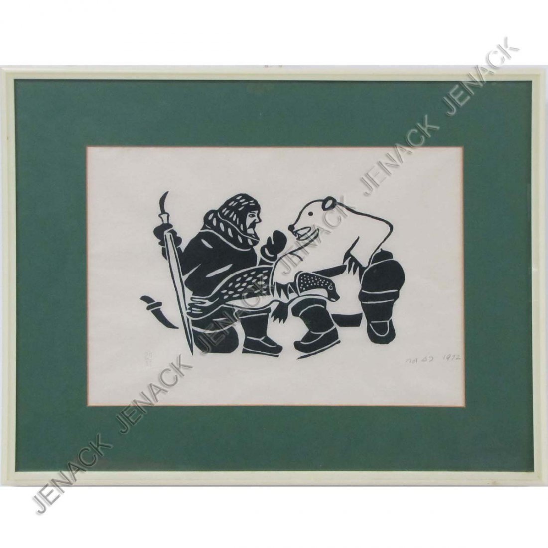 TIVI ETOOK (INUIT, 2OTH CENTURY) STONE CUT : TIVI ETOOK (INUIT, 2OTH CENTURY) STONE CUT "CONVERSATION BETWEEN ESKIMO AND POLAR BEAR", SIGNED #27/31, 1972. SIGHT 10 1/4 X 14 1/2"; FRAMED & GLAZED 17 1/2 X 20 1/2"