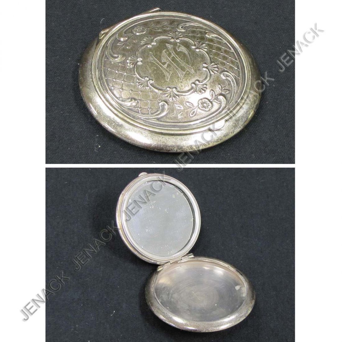 RUSSIAN 84 SILVER COMPACT, MONOGRAMMED : RUSSIAN 84 SILVER COMPACT, MONOGRAMMED. DIAMETER 2 1/2"