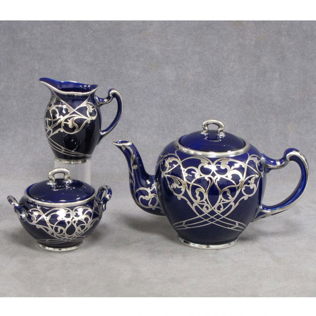 233 LENOX COBALT PORCELAIN SILVER OVERLAY TEA SET