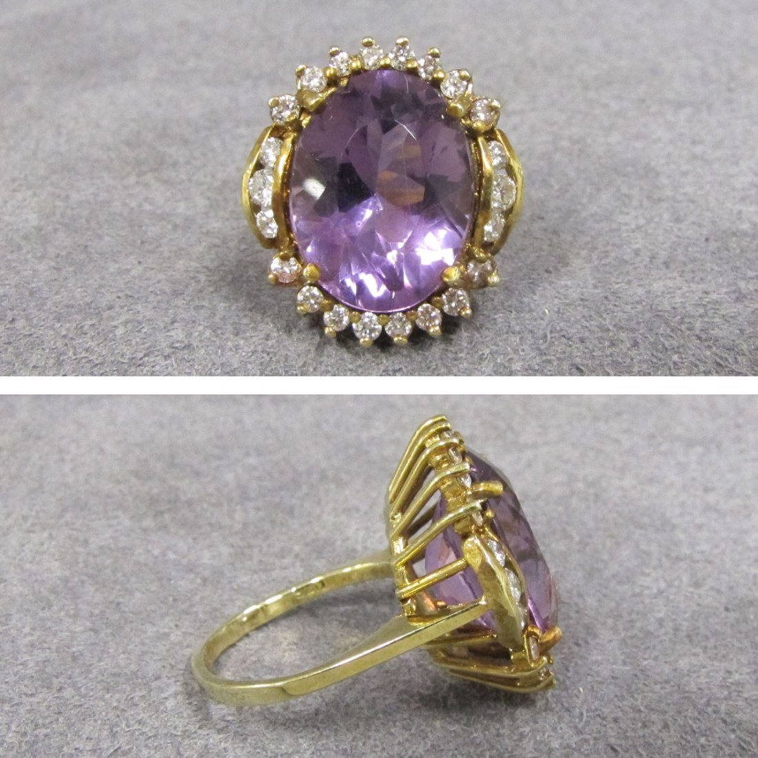 14K DIAMOND AND AMETHYST RING: 14K YELLOW GOLD RING SET WITH 8.25 CT OVAL AMETHYST AND (22) FULL-CUT DIAMONDS, APPROXIMATE TWT 0.55 CT. RING SIZE 6 3/4; GROSS WEIGHT 7.12 GRAMS