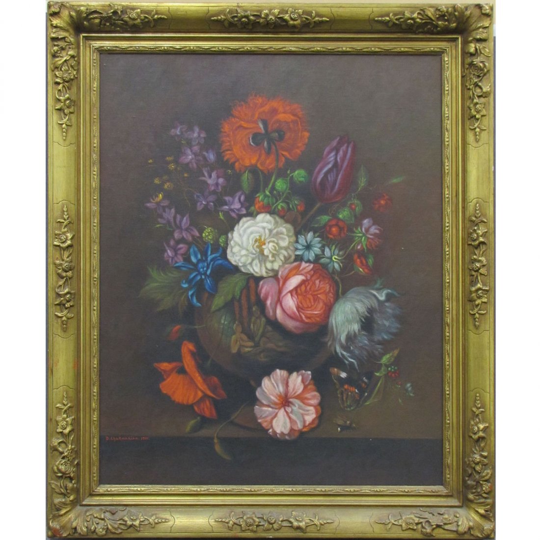 CONTINENTAL SCHOOL (20TH CENTURY) OIL ON CANVAS: CONTINENTAL SCHOOL (20TH CENTURY) OIL ON CANVAS, ARRANGEMENT OF FLOWERS UPON A TABLE, SIGNED C. CHANKMAKIAN, 1961. 33 X 26"; FRAMED 39 1/2 X 32 1/2"