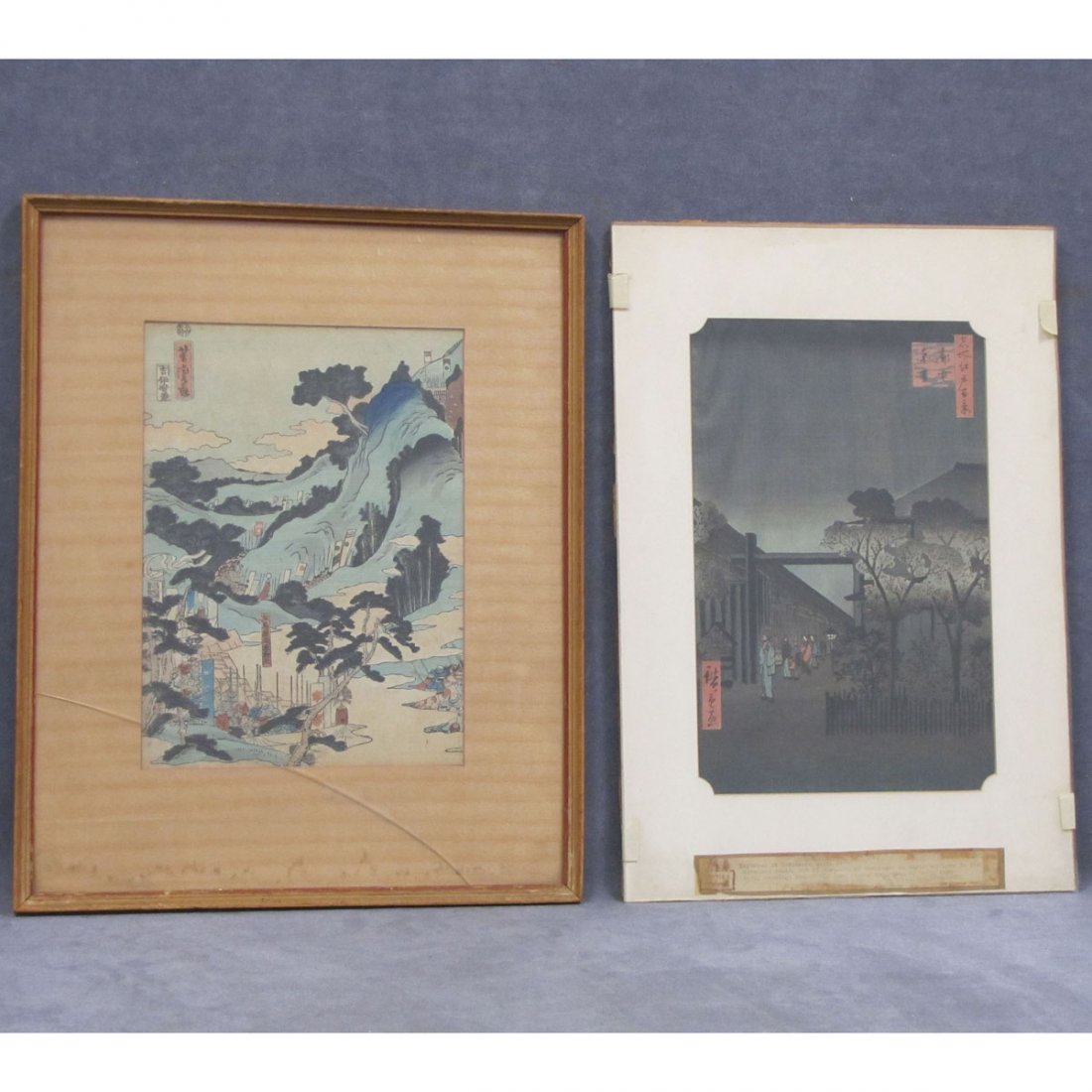LOT (2) INCLUDING UTAGAWA HIROSHIGE: LOT (2) INCLUDING UTAGAWA HIROSHIGE (JAPANESE 1797-1858), WOODBLOCK PRINT, "F-KAKUCHU SHINONOME (DAWN INSIDE YOSHIWARA), SIGNED, SIGHT 13 3/8 X 8 1/2"; UTAGAWA YOSHITORA (JAPANESE 1850-1880), WOODBLOC