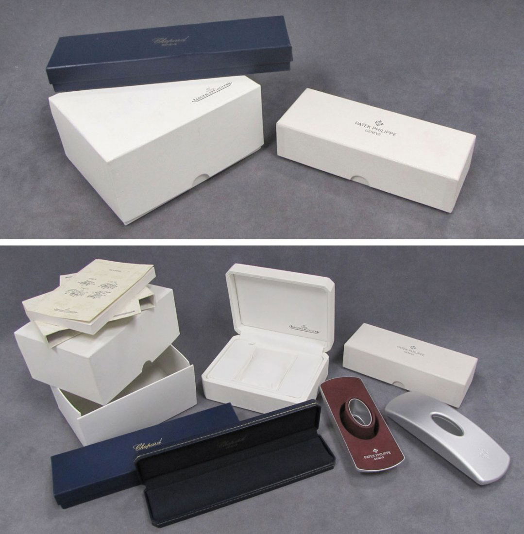 LOT (3) WRISTWATCH CASES AND BOXES: LOT (3) WRISTWATCH CASES AND BOXES INCLUDING PATEK PHILIPPE, JAEGER-LECOULTRE (WITH REVERSO PAPERS), AND CHOPARD