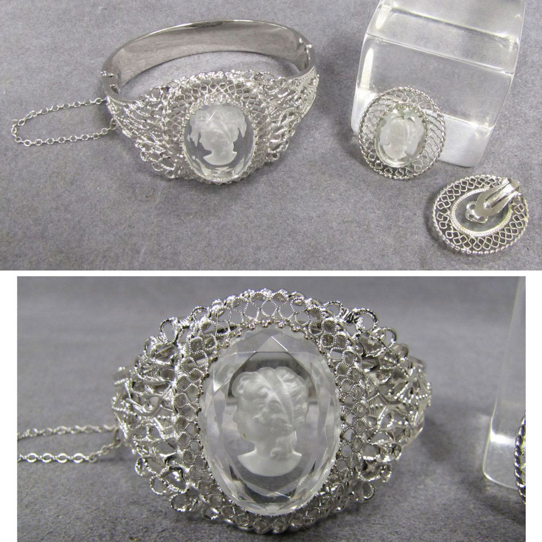 SET WHITING AND DAVIS SILVER TONE EARRINGS: SET WHITING AND DAVIS SILVER TONE AND INTAGLIO CUT GLASS CAMEO BRACELET AND PAIR CLIP EARRINGS