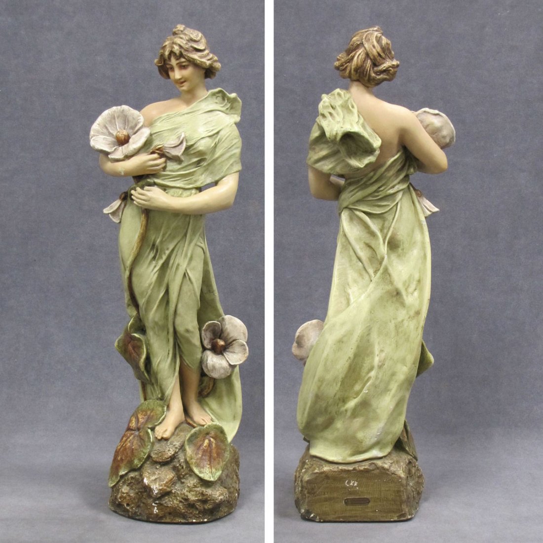 CHARLES HENNECKE & CO. ART NOUVEAU FIGURE: CHARLES HENNECKE & CO. ART NOUVEAU POLYCHROME COMPOSITION FIGURE, YOUNG WOMAN WITH LOTUS, ARTIST SIGNED. HEIGHT 23 1/2" (OLD REPAIRS)