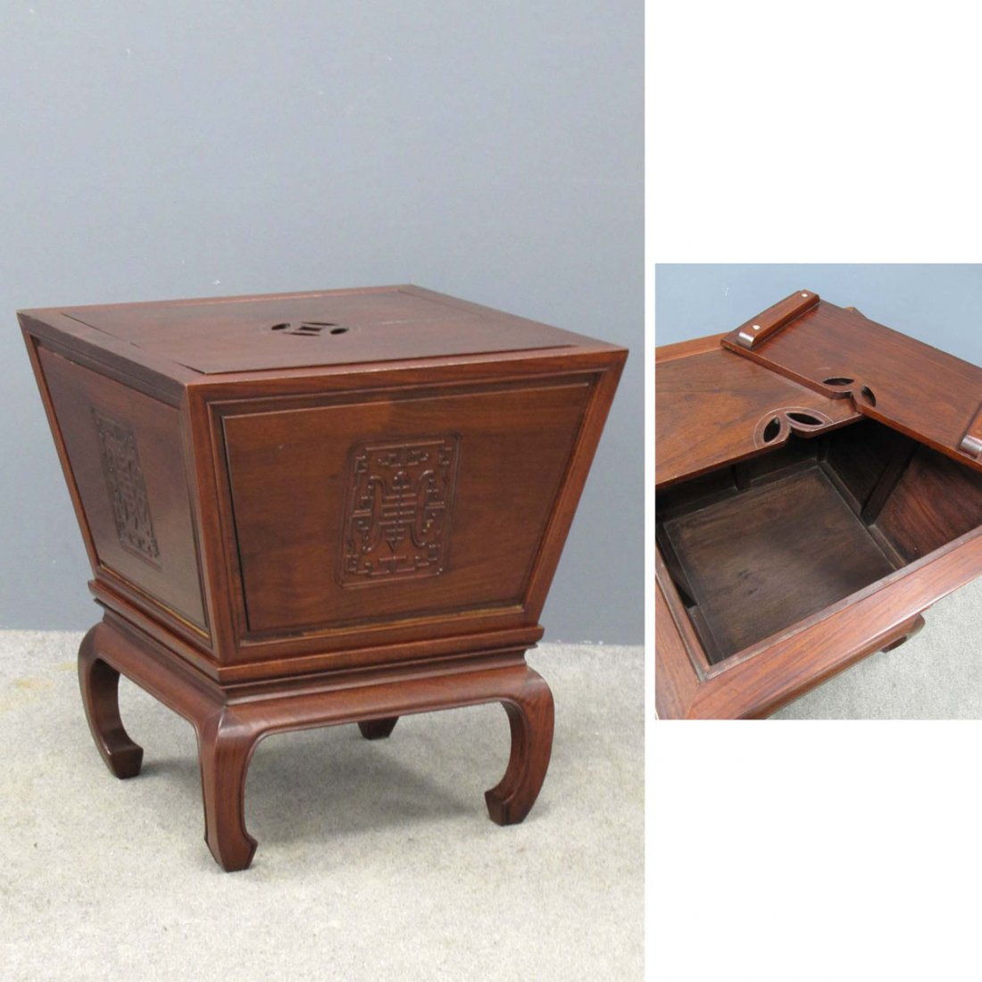 CHINESE CARVED HARD WOOD ICE CHEST ON STAND: CHINESE CARVED HARD WOOD ICE CHEST ON STAND. HEIGHT 23 1/2"; TOP 22 X 22"