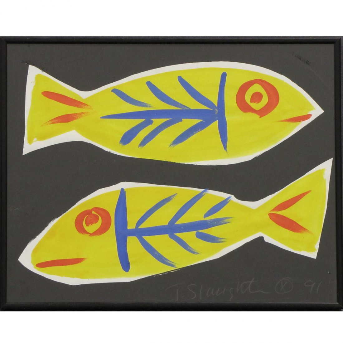 TOM SLAUGHTER (AMERICAN/NY 1955-), ACRYLIC : TOM SLAUGHTER (AMERICAN/NY 1955-), ACRYLIC ON PAPER, TWO FISH, SIGNED 1991. SIGHT 11 X 14"; FRAMED AND GLAZED-11 1/4 X 14 1/4" PROVENANCE: EX COLLECTION LIZA MINNELLI