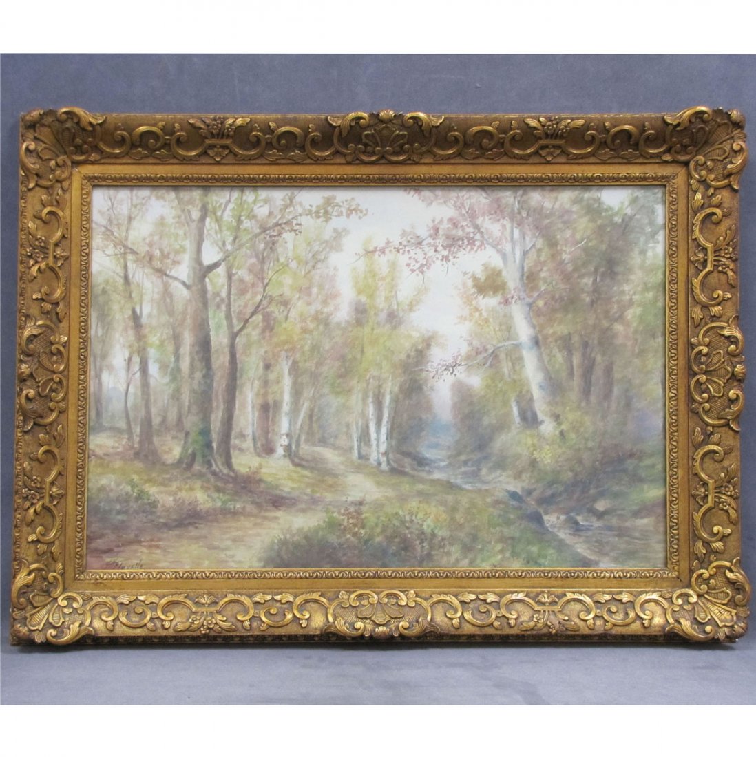 GEOFF H. FLAVELLE (AMERICAN 1863-), WATERCOLOR : GEOFF H. FLAVELLE (AMERICAN 1863-), WATERCOLOR, LANDSCAPE WITH BIRCHES, SIGNED. SIGHT 19 1/2 X 29 1/2; FRAMED AND GLAZED 27 X 36"