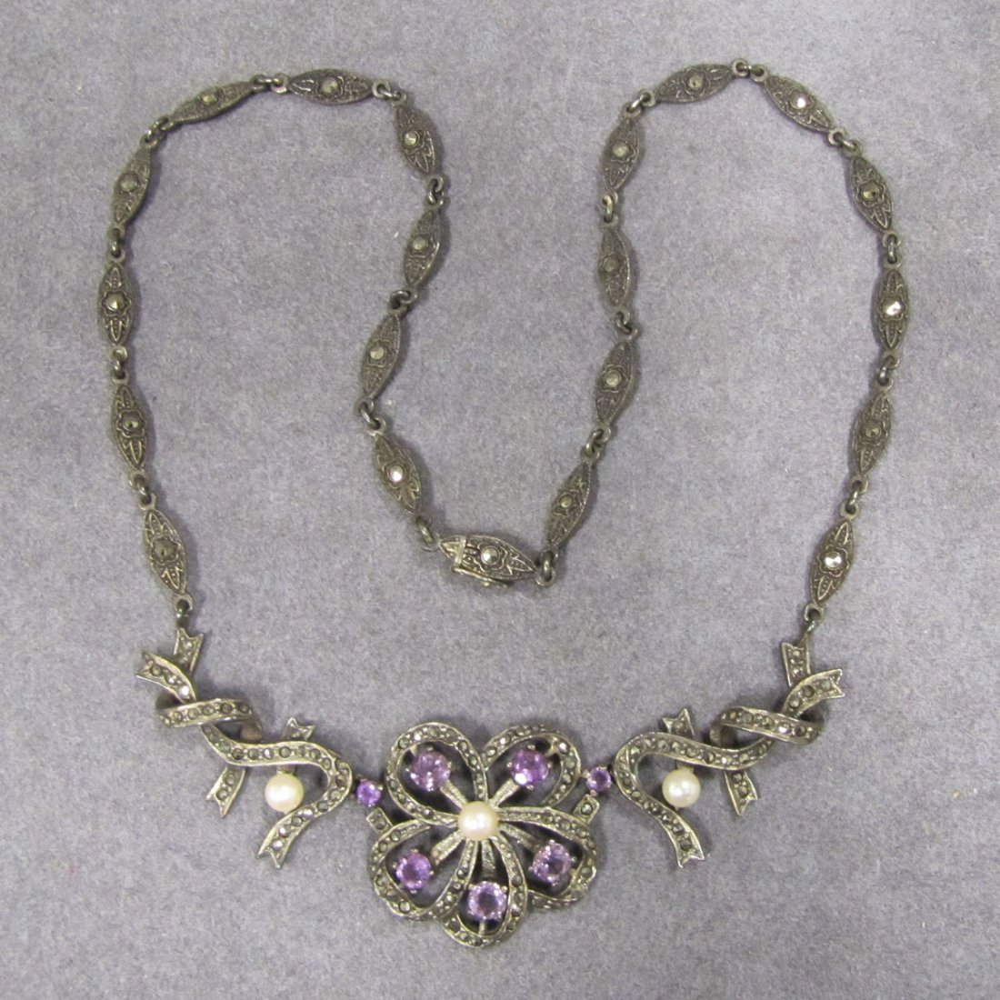 VINTAGE SILVER AMETHYST, SEED PEARL NECKLACE: VINTAGE SILVER AMETHYST, SEED PEARL, AND MARCASITE NECKLACE, EARLY 20TH CENTURY. LENGTH 19"; GROSS WEIGHT 0.98 OZT