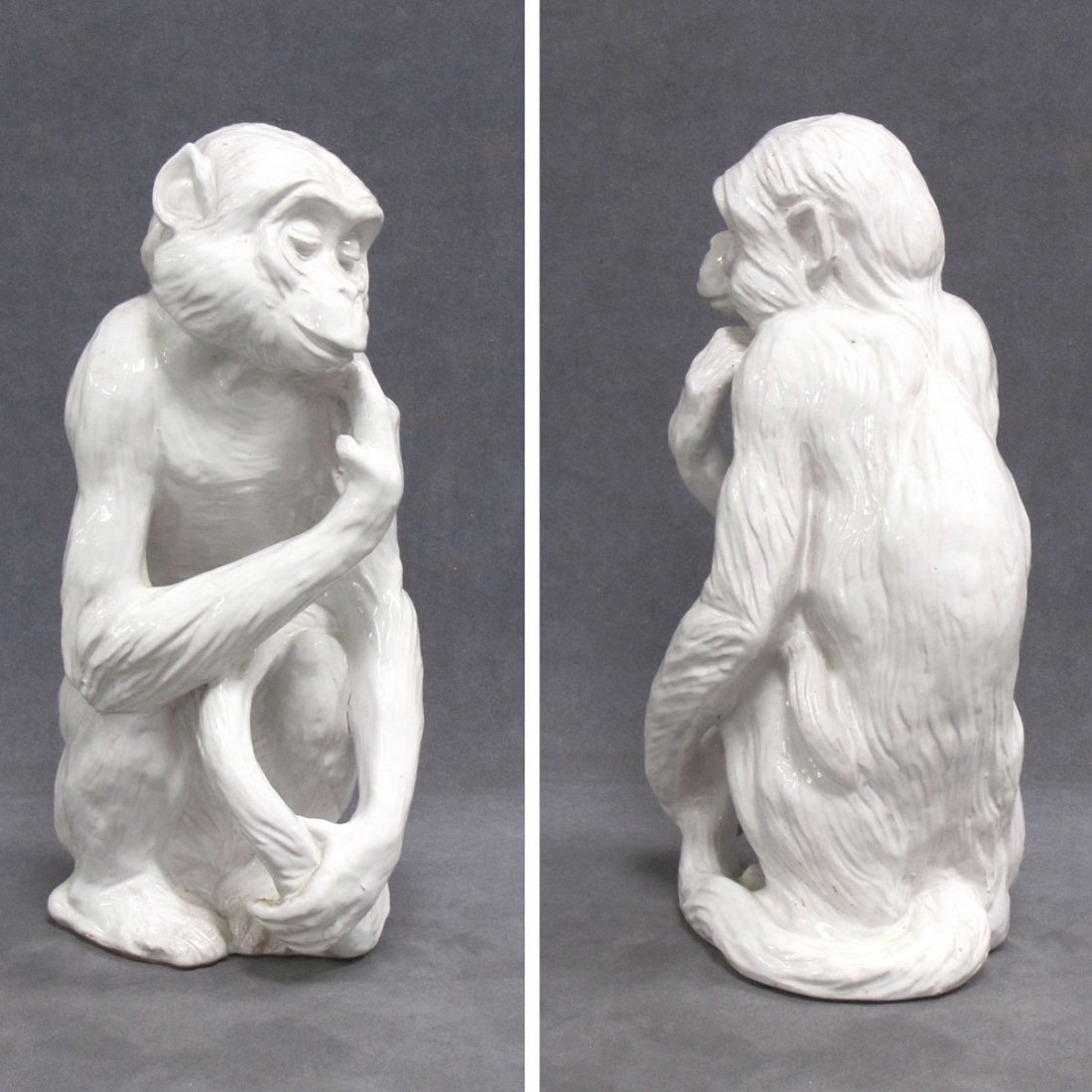 ITALIAN FAIENCE POTTERY FIGURE OF A MONKEY: ITALIAN FAIENCE POTTERY FIGURE OF A MONKEY. HEIGHT 15"