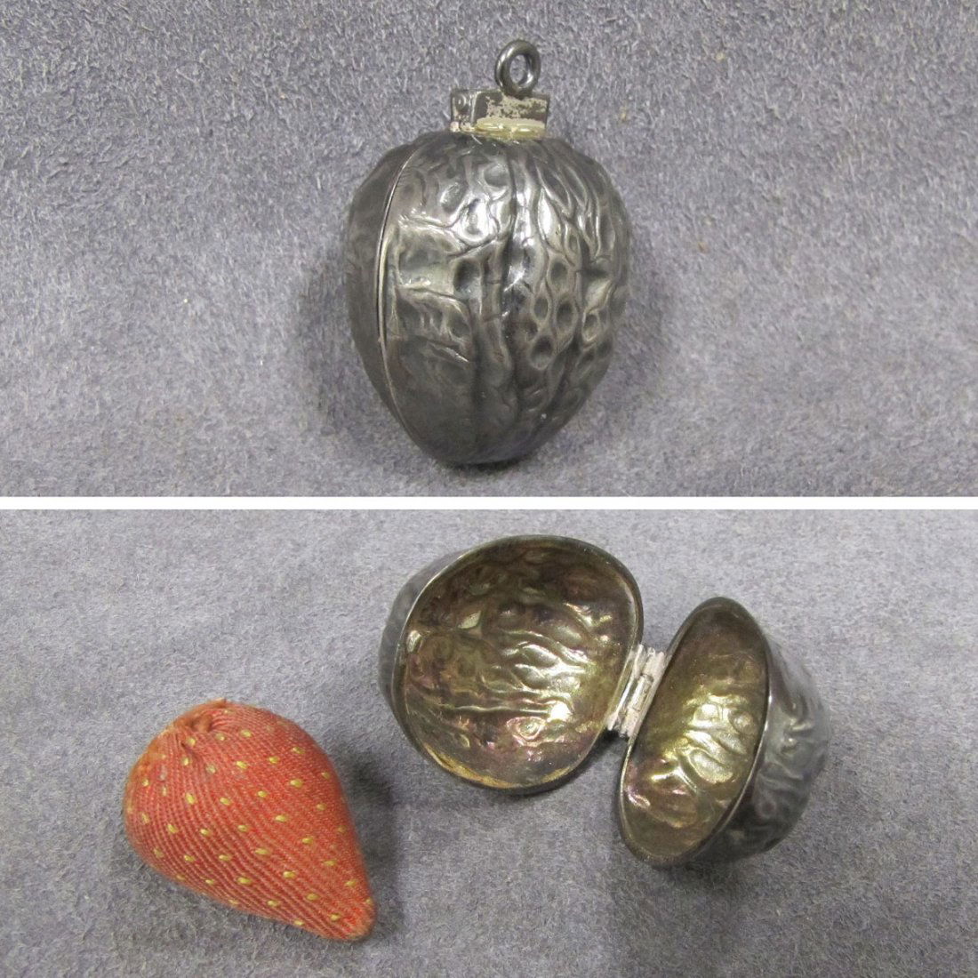 UNGER BROTHERS STERLING CHATELAINE WALNUT BOX: UNGER BROTHERS STERLING CHATELAINE WALNUT BOX WITH PIN CUSHION. LENGTH 1 1/2"; 0.23 OZT