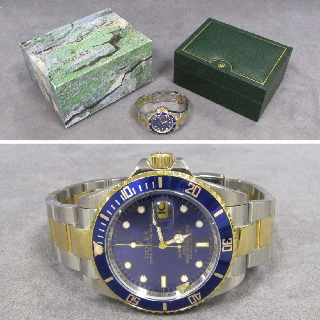 REPLICA ROLEX STAINLESS WRISTWATCH: REPLICA ROLEX STAINLESS AND GOLD FILLED SUBMARINER AUTOMATIC WRISTWATCH WITH BOX. 40MM