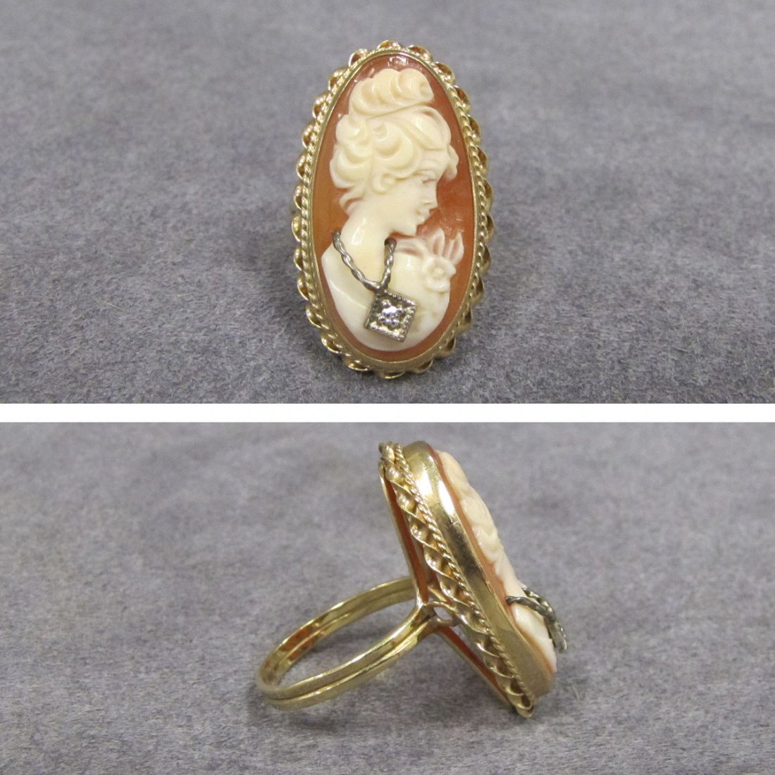 14K YELLOW GOLD CARVED SHELL CAMEO RING: 14K YELLOW GOLD CARVED SHELL CAMEO RING WITH DIAMOND. RING SIZE 6