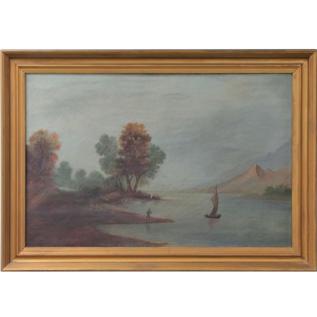 AMERICAN SCHOOL (19TH CENTURY), OIL ON CANVAS : AMERICAN SCHOOL (19TH CENTURY), OIL ON CANVAS, FOLK ART-VIEW ALONG THE HUDSON RIVER, UNSIGNED. 20 X 30"; FRAMED 24 1/2 X 34 1/2"