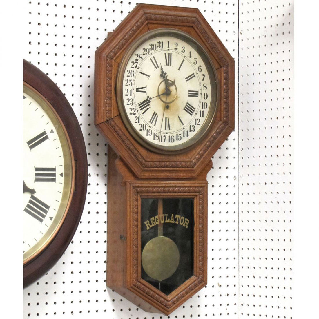 VINTAGE GILBERT "CONSORT" OAK CALENDAR REGULATOR : VINTAGE GILBERT "CONSORT" OAK CALENDAR REGULATOR WALL CLOCK, 19TH CENTURY. HEIGHT 32"