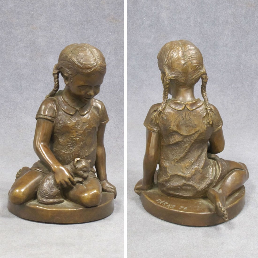 CHARLES CROPPER PARKS (AMERICAN 1922-), BRONZE : CHARLES CROPPER PARKS (AMERICAN 1922-), BRONZE FIGURE, GIRL WITH CAT, SIGNED 1974. HEIGHT 9"