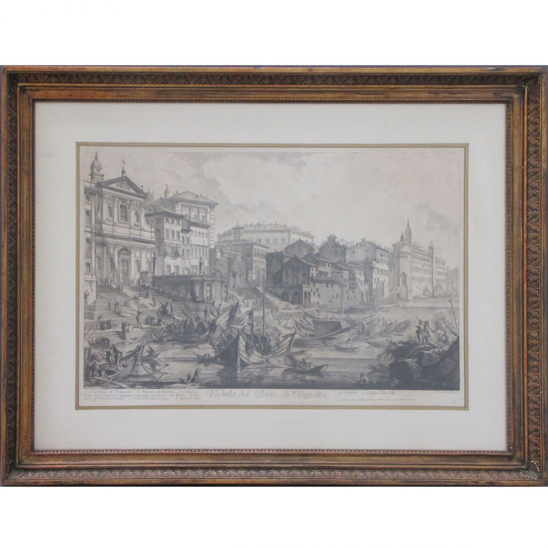 GIOVAN BATTISTA PIRANESI (ITALY 1720-1778): GIOVAN BATTISTA PIRANESI (ITALY 1720-1778), ENGRAVING, "VEDUTA DE PORTO DI RIPETTA". PLATE 15 X 23 1/2"; FRAMED AND GLAZED-25 1/2 X 33 1/2"
