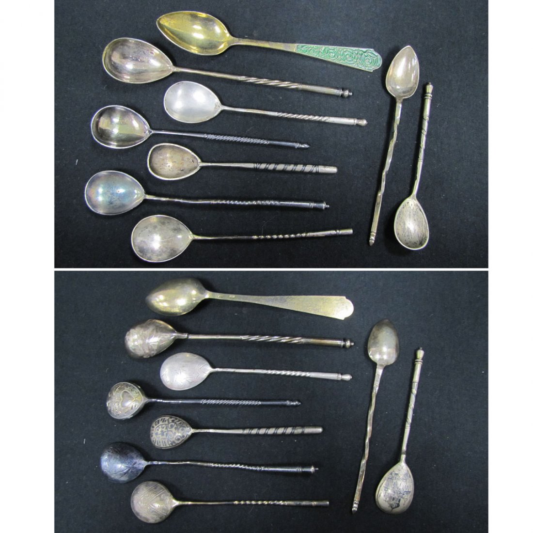 LOT (9) RUSSIAN 84 SILVER SPOONS: LOT (9) RUSSIAN 84 SILVER SPOONS INCLUDING (1) IVAN ZAKAROV; (7) 19TH CENTURY, LENGTH 4"-6"; (1) GILT ENAMEL SPOON, 1958, LENGTH 4 1/4-6"; TWT 4.51 OZT
