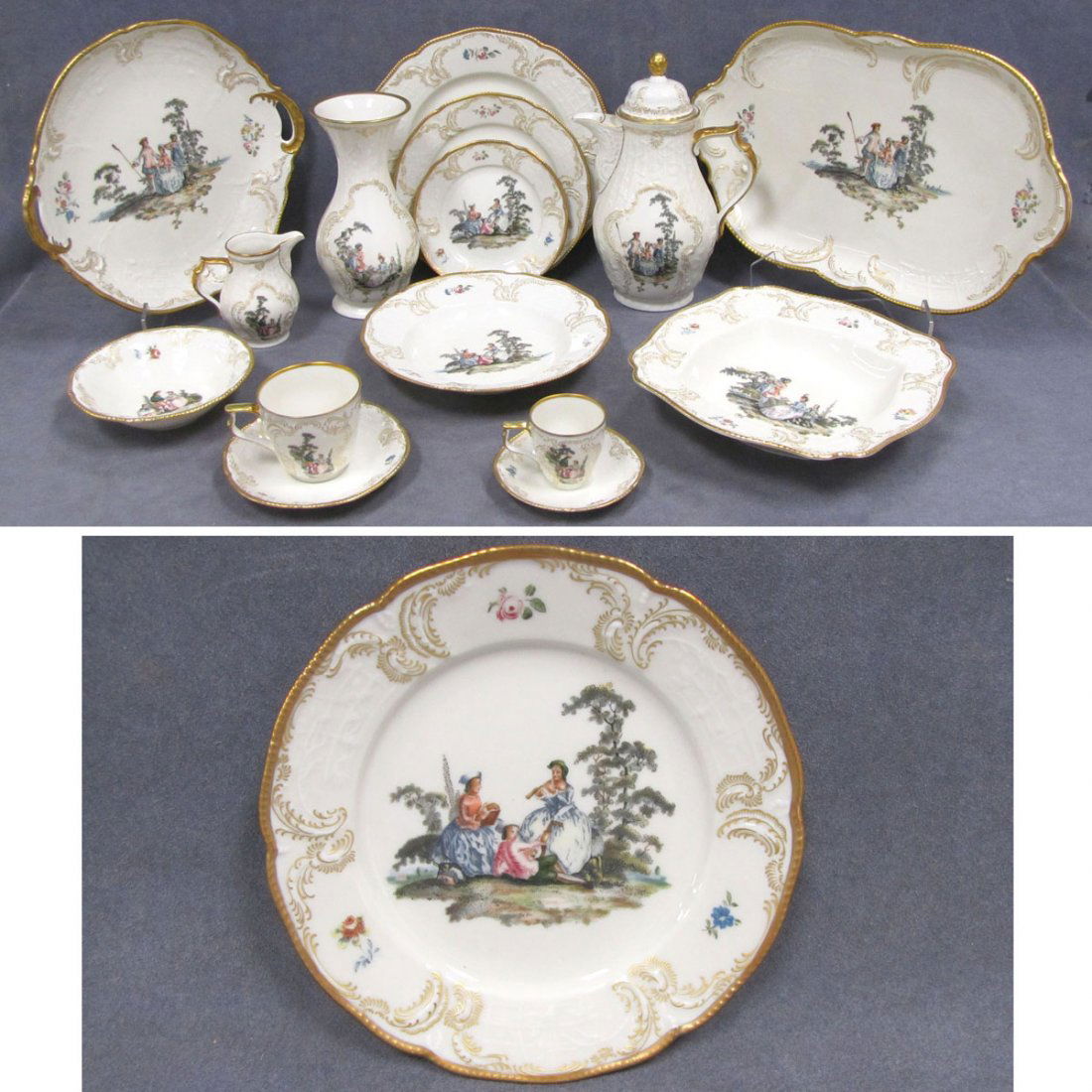 ROSENTHAL CLASSIC ROSE, SANSSOUCI, DINNERWARE: ROSENTHAL CLASSIC ROSE, SANSSOUCI, PORCELAIN DINNER SERVICE FOR (8) WITH SERVING PIECES (78 PIECES), HEROLDT ARKADIEN, COURTING SCENE, INCLUDING (8) DINNER PLATES, 10"; (8) SALAD/DESSERT PLATES, 7 3/4