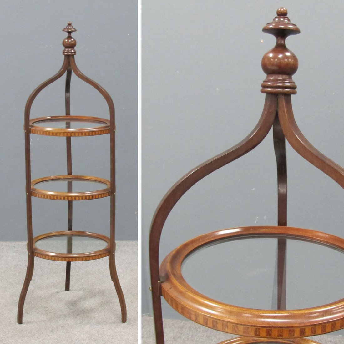 HEPPLEWHITE STYLE INLAID MAHOGANY 3-TIER STAND: HEPPLEWHITE STYLE CARVED AND INLAID MAHOGANY 3-TIER STAND. HEIGHT 38"