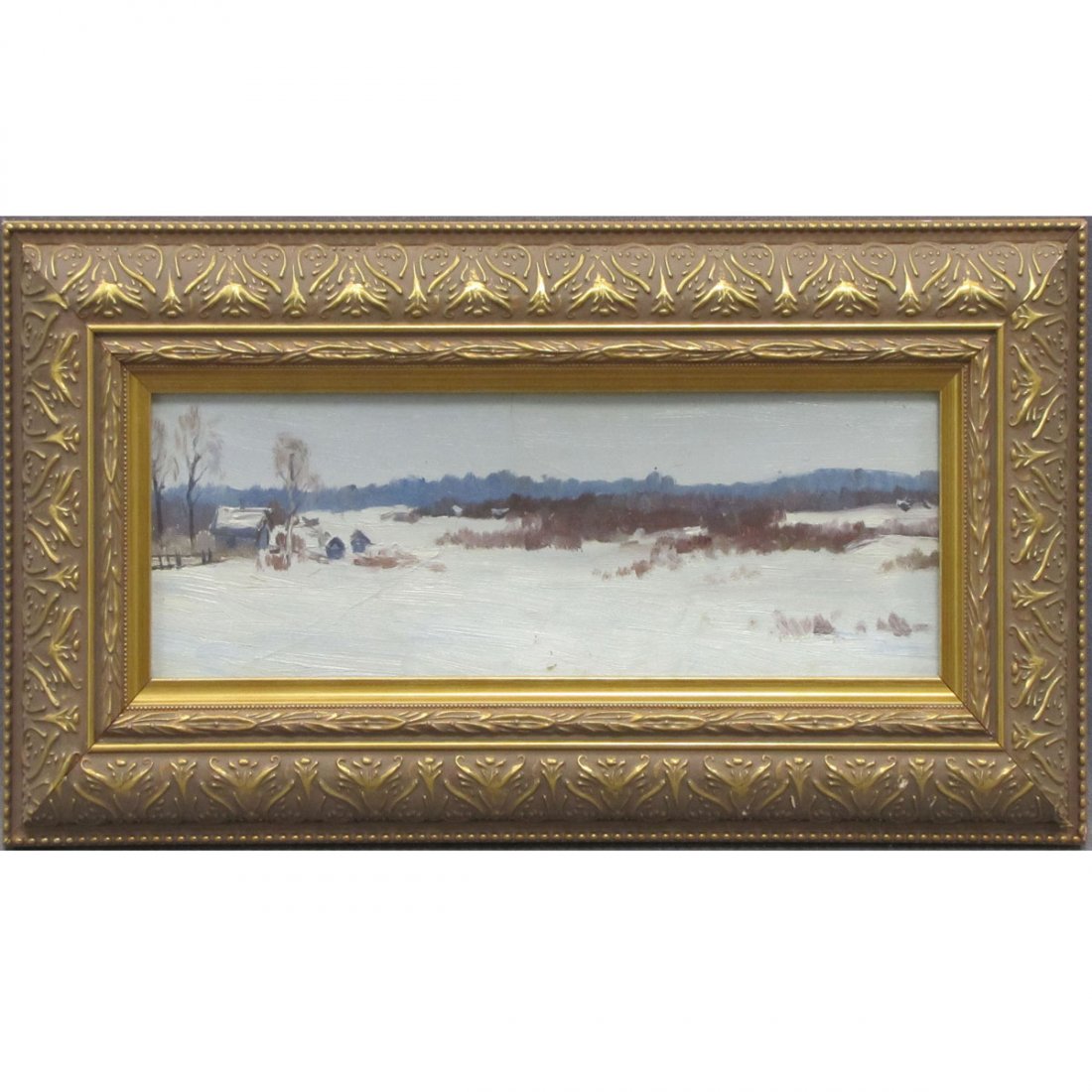 IVAN VASSILIEV (RUSSIAN 1930-), OIL ON CARDBOARD : IVAN VASSILIEV (RUSSIAN 1930-), OIL ON CARDBOARD, WINTER LANDSCAPE, UNSIGNED. 5 X 13 3/4"; FRAMED AND GLAZED-9 1/4 X 18"