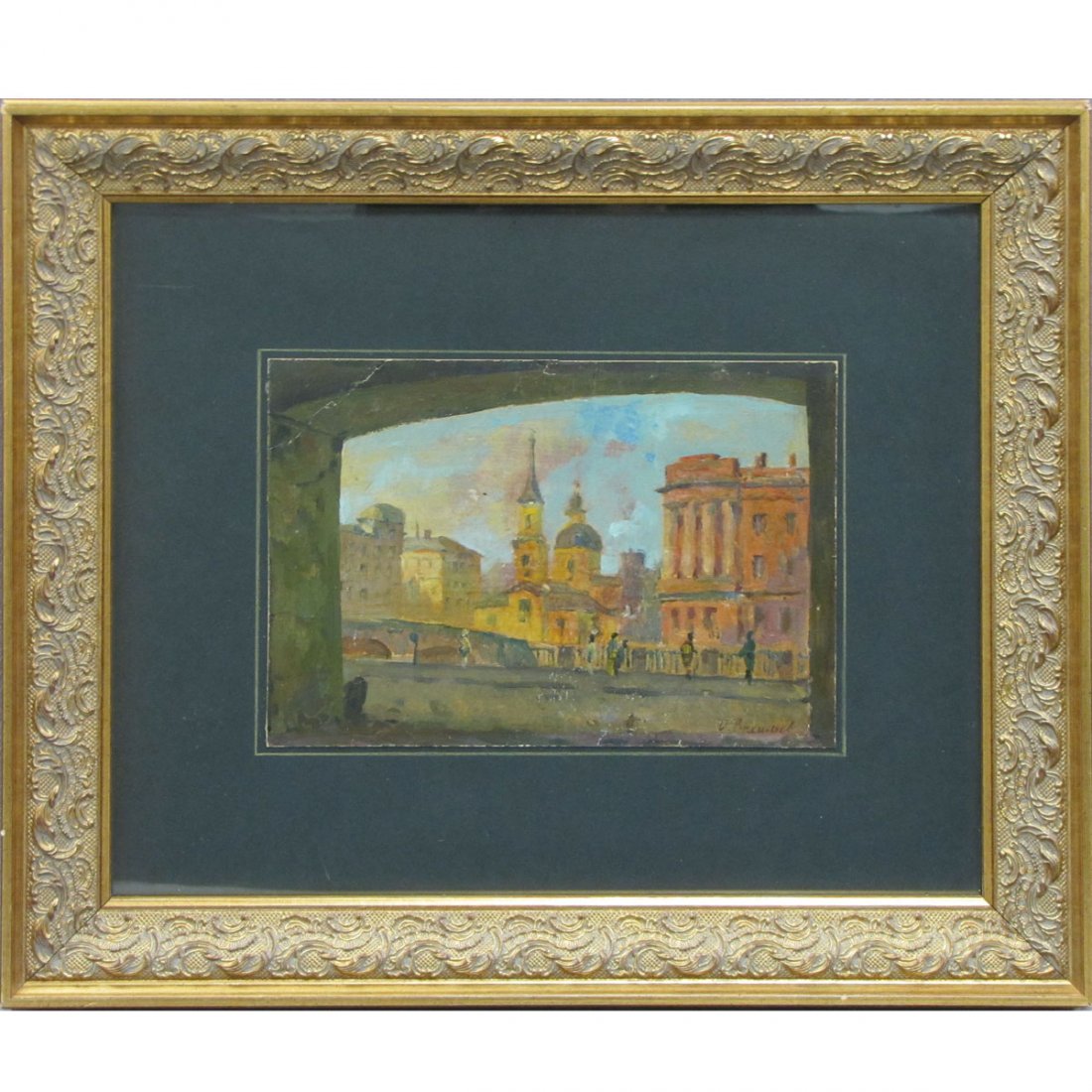 IVAN VASILIEW (RUSSIAN 20TH CENTURY) OIL: IVAN VASILIEW (RUSSIAN 20TH CENTURY) OIL ON CARDBOARD, VIEW IN ST. PETERSBURG, SIGNED. 6 X 8"; FRAMED AND GLAZED 13 1/2 X 15 1/2"