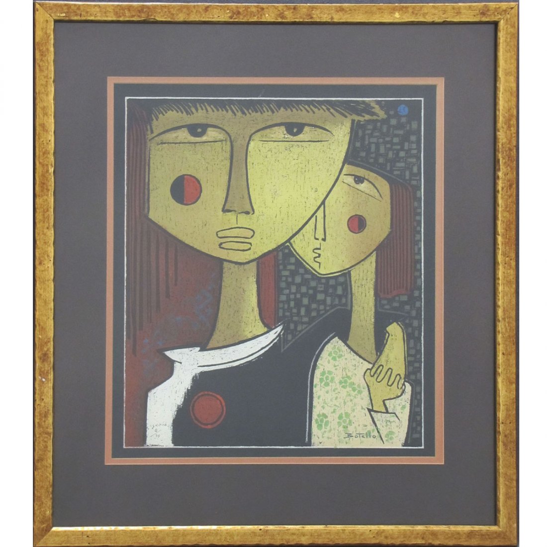 ANGEL BOTELLO (SPANISH 1913-1986), COLORED LINO: ANGEL BOTELLO (SPANISH 1913-1986), COLORED LINO CUT, A COUPLE, SIGNED #8/75. SIGHT 18 3/4 X 16 1/4"; FRAMED AND GLAZED-27 X 24"
