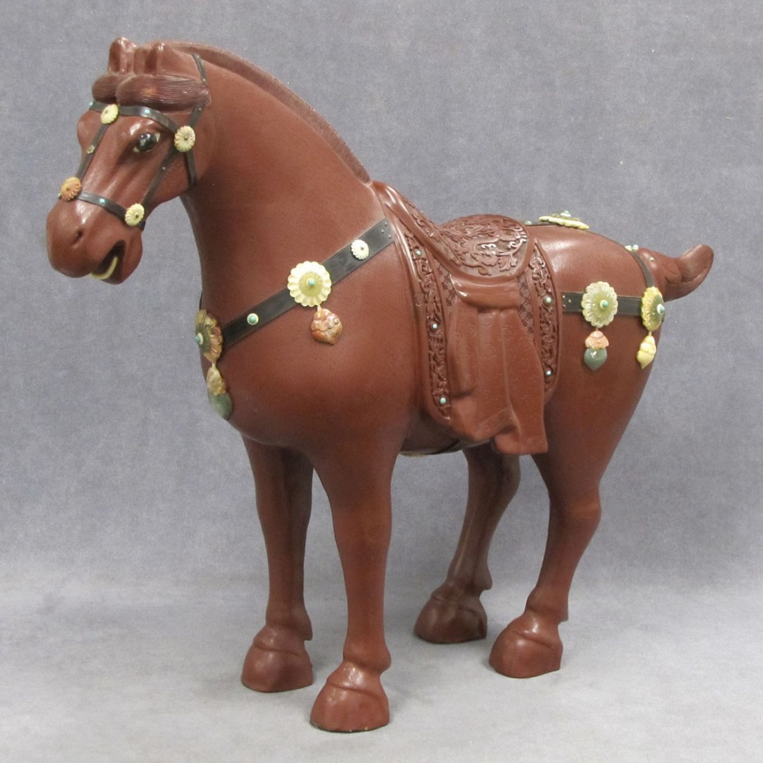 CHINESE COROMANDEL/CINNABAR HORSE WITH HARDSTONE: CHINESE COROMANDEL/CINNABAR HORSE WITH HARDSTONE MOUNTS. HEIGHT 20"; LENGTH 25"