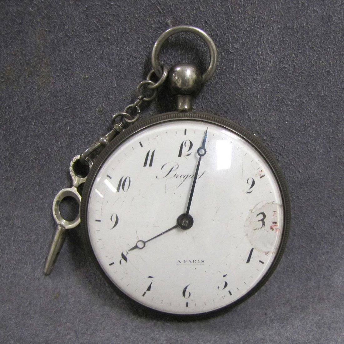 VINTAGE BREGUET A' PARIS SILVER KEY-WIND: VINTAGE BREGUET A' PARIS SILVER KEY-WIND, OPEN-FACE REPEATING POCKET WATCH, 19TH CENTURY. DIAMETER 60MM (DAMAGED FACE AT 3 O'CLOCK)