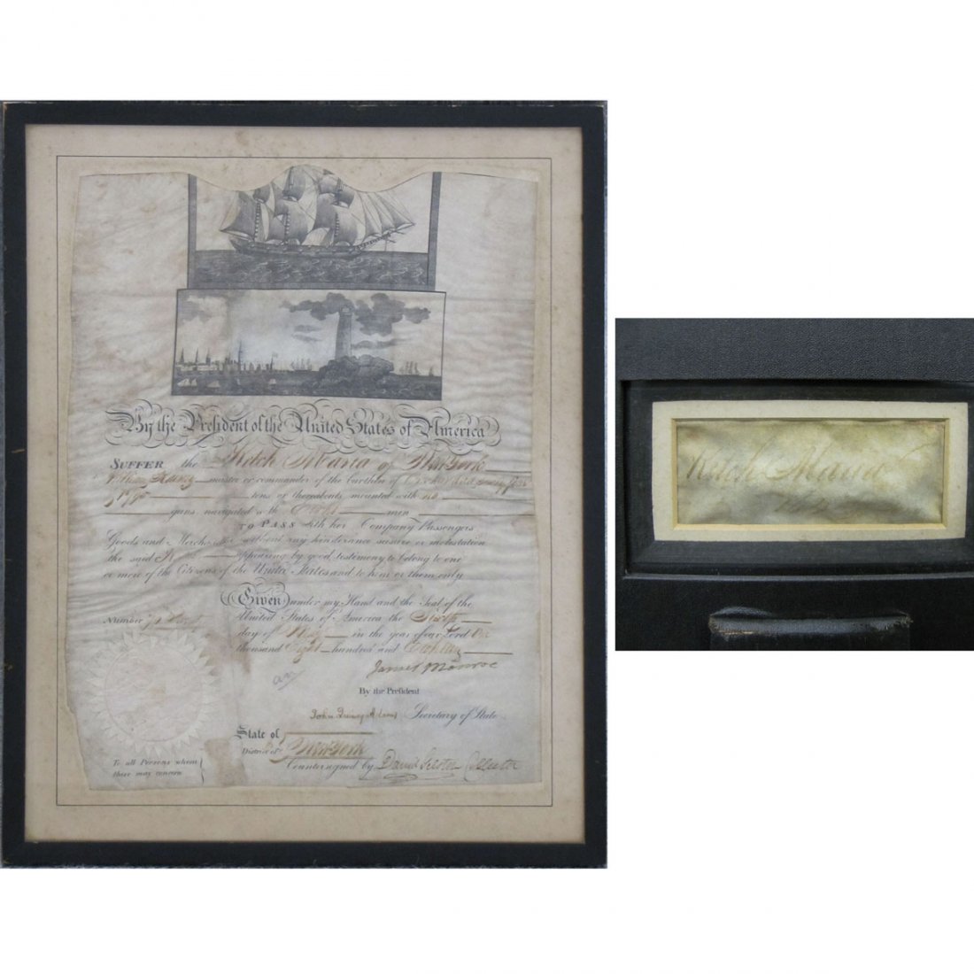 JAMES MONROE SIGNED AS PRESIDENT 1818 PASSPORT: JAMES MONROE SIGNED AS PRESIDENT 1818 ENGRAVED VELLUM SHIP'S PASSPORT, KETCH MARIA OF NEW YORK AND CREW OF (8) MEN COMMANDED BY WILLIAM RAINEY, COUNTERSIGNED BY JOHN QUINCY ADAMS AS SECRETARY OF STATE