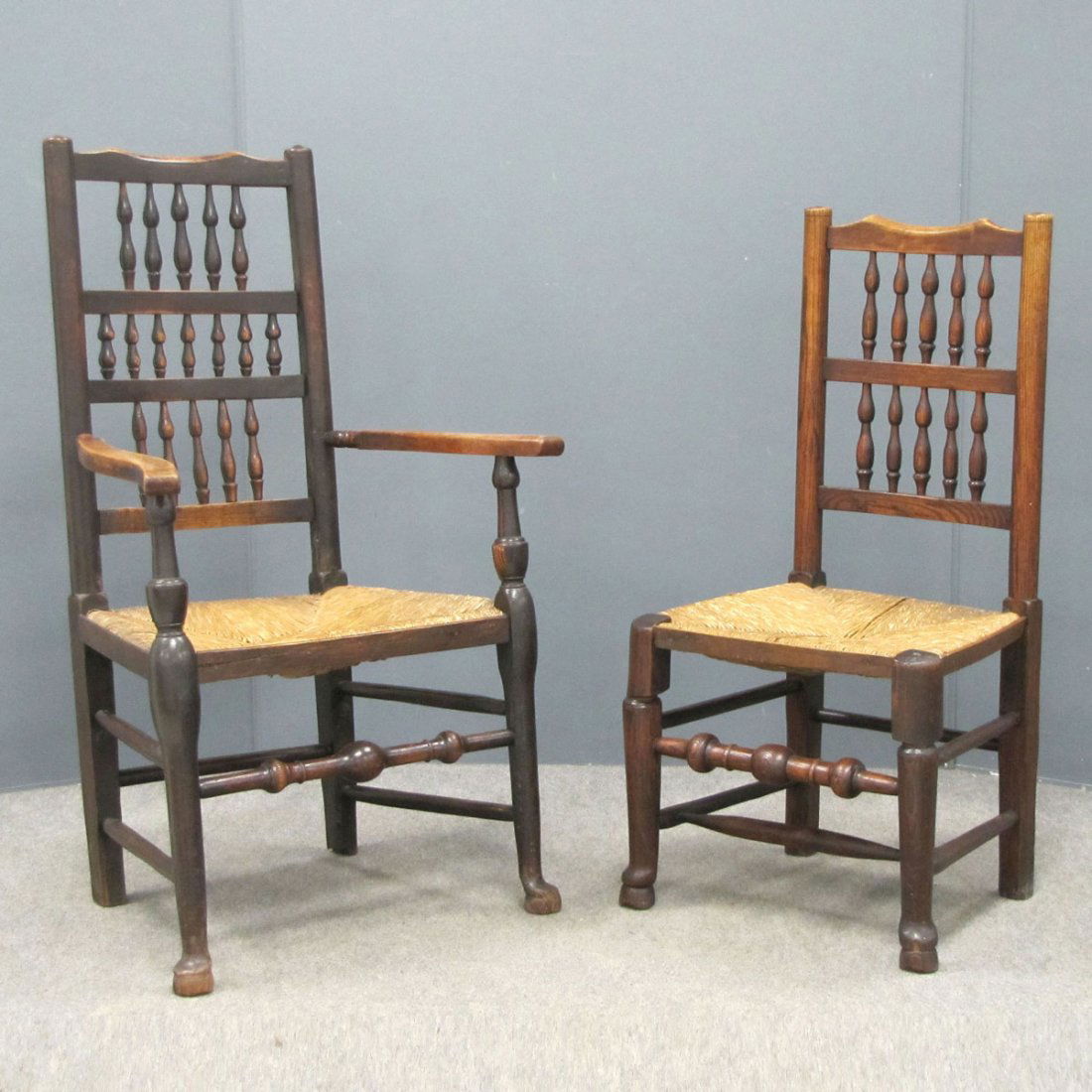 SET (8) ENGLISH CARVED ELM RUSH SEAT DINING CHAIRS: SET (8) ENGLISH CARVED ELM RUSH SEAT DINING CHAIRS, INCLUDING (2) ARM AND (6) SIDE, 18TH CENTURY