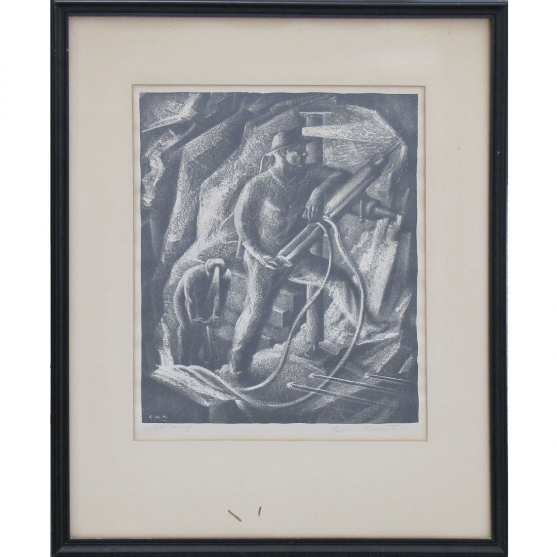LEWIS RUBENSTEIN (AMERICAN/NY 1908-), LITHOGRAPH: LEWIS RUBENSTEIN (AMERICAN/NY 1908-), LITHOGRAPH, WPA MINERS, SIGNED (PENCIL MARGIN) AP. SIGHT 15 X 12 1/4"; FRAMED AND GLAZED-23 X 19"