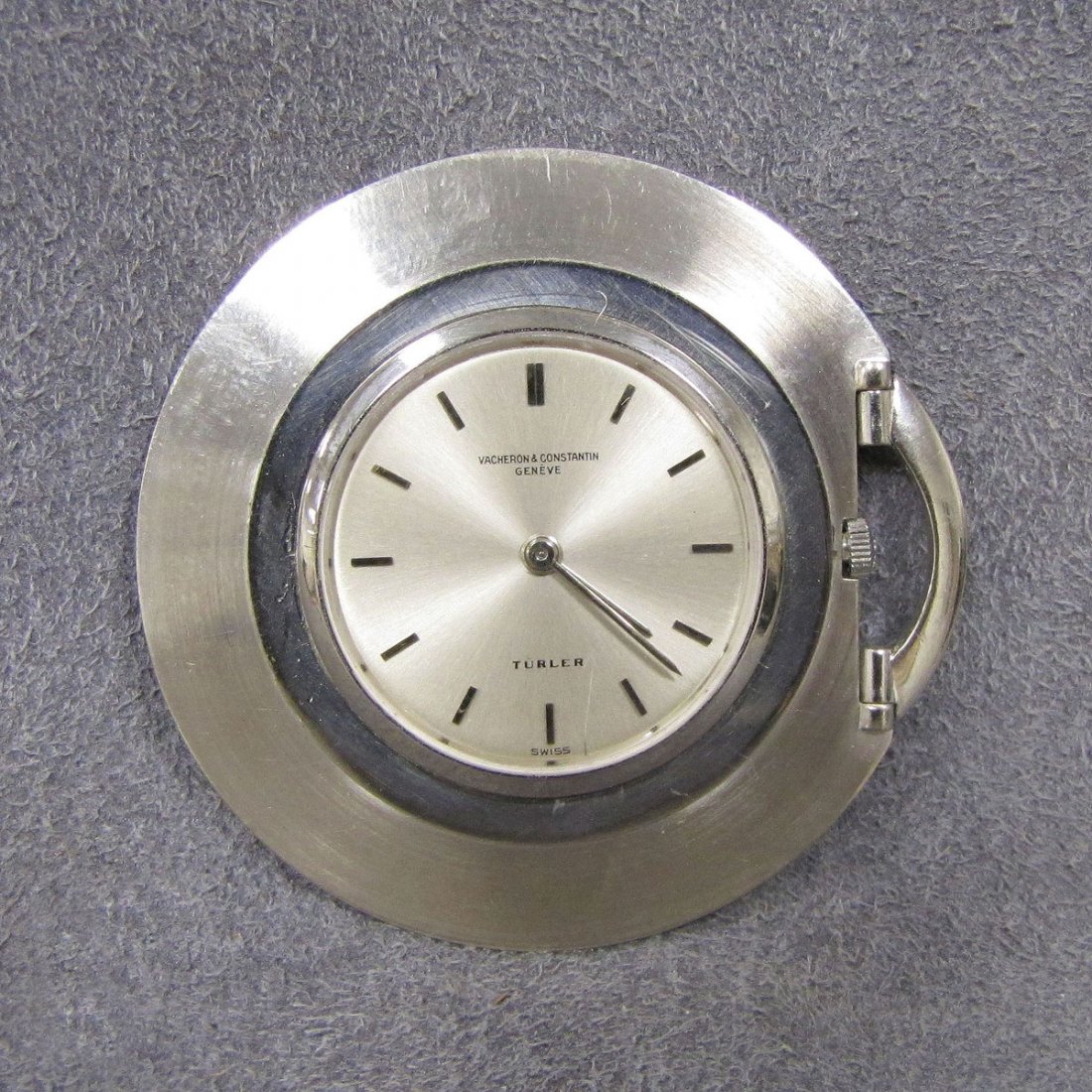 RETRO VACHERON & CONSTANTIN 18K POCKET WATCH: RETRO VACHERON & CONSTANTIN 18K WHITE GOLD 17-JEWEL ULTRA THIN MECHANICAL POCKET WATCH, ADJUSTED TO (5) POSITIONS WITH SOTHEBY'S TAG, LOT #360. DIAMETER 51MM
