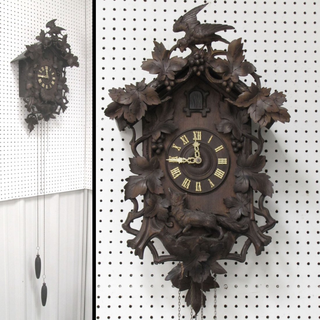 VINTAGE GERMAN BLACK FOREST CARVED CUCKOO CLOCK: VINTAGE GERMAN BLACK FOREST CARVED CUCKOO CLOCK. HEIGHT 25"