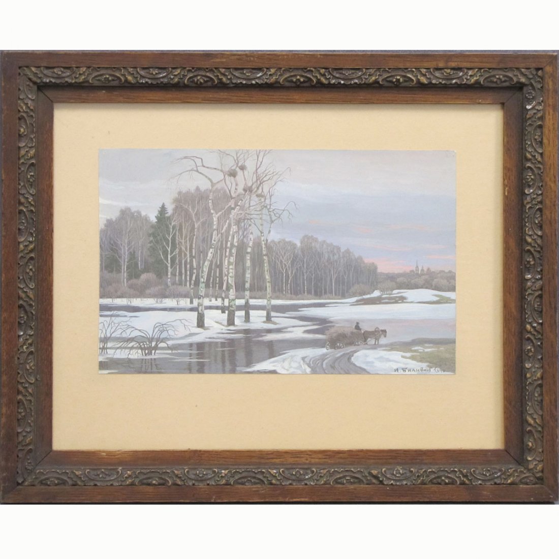ATTRIBUTED TO IVAN BILIBIN (RUSSIAN 1876-1942): ATTRIBUTED TO IVAN BILIBIN (RUSSIAN 1876-1942), GOUACHE, WINTER LANDSCAPE, SIGNED 1940. SHEET 6 1/2 X 10 1/4"; FRAMED AND GLAZED-13 X 16"