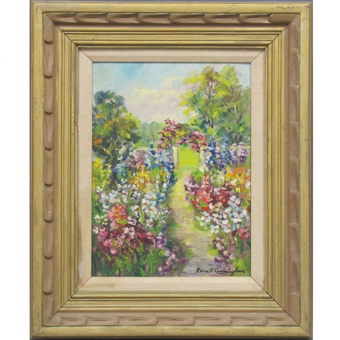 FERN CUNNINGHAM STONE, (CALIFORNIA, 1889-1975) OIL: FERN CUNNINGHAM STONE, (CALIFORNIA, 1889-1975) OIL ON CANVAS BOARD, GARDEN PATH, SIGNED. 16 X 12"; FRAMED 24 X 20"