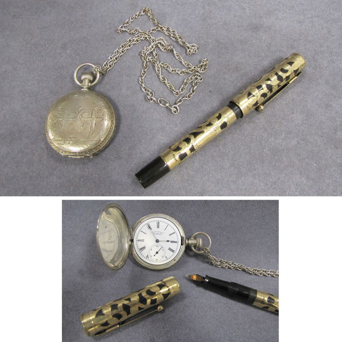LOT (2) INCLUDING AMERICAN WALTHAM POCKET WATCH: LOT (2) INCLUDING AMERICAN WALTHAM COIN SILVER HUNTER CASE POCKET WATCH (MISSING CRYSTAL), DIAMETER 42MM WITH SILVER CHAIN, LENGTH 24" AND VINTAGE ECLIPSE GOLD FILLED OVERLAY FOUNTAIN PEN