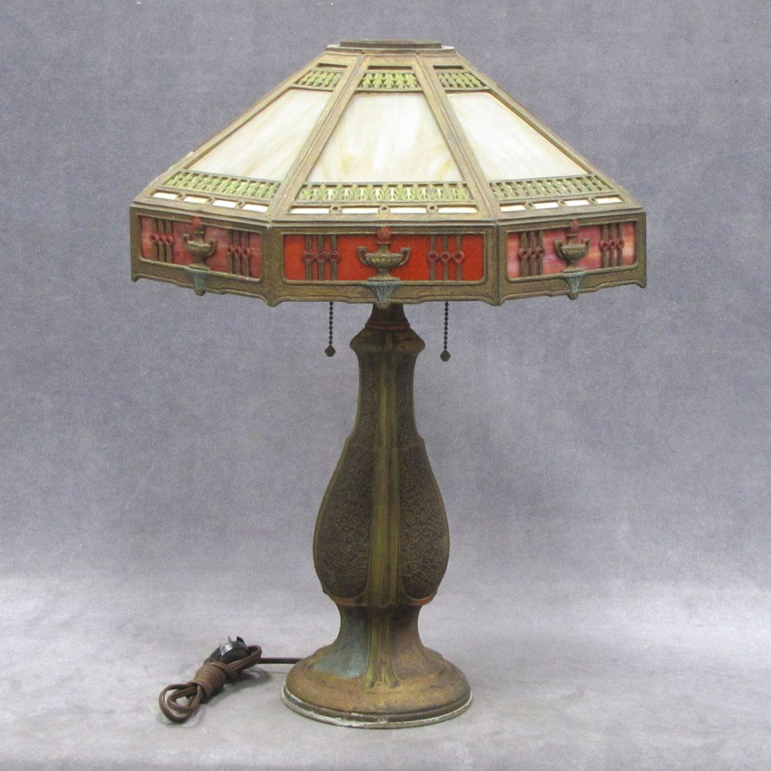 ART DECO PAINTED CAST IRON LAMP WITH SLAG GLASS: ART DECO PAINTED CAST IRON LAMP WITH SLAG GLASS SHADE. HEIGHT 23" (LACKING HEAT CAP)