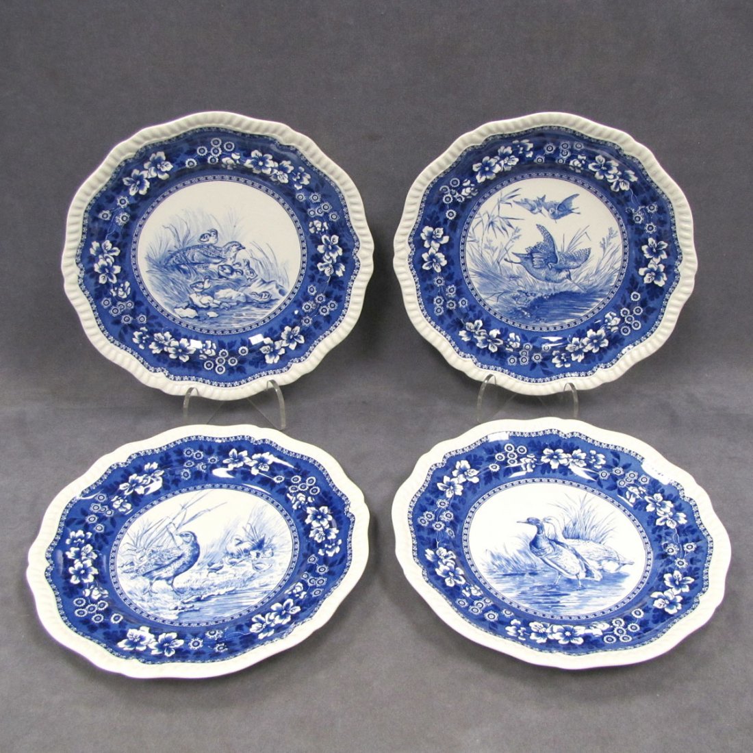 SET (4) SPODE "GAME BIRD" TRANSFER DECORATED CHINA: SET (4) SPODE "GAME BIRD" TRANSFER DECORATED CHINA PLATES INCLUDING WOOD COCK, PARTRIDGE, GROUSE, AND WILD DUCKS. DIAMETER 10 1/2"