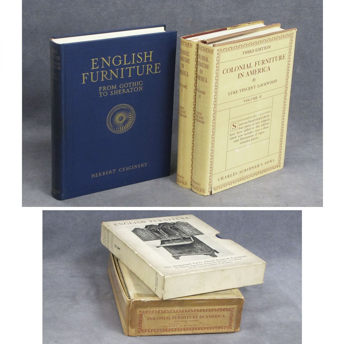 LOT (3) VOLUMES INCLUDING ENGLISH FURNITURE: LOT (3) VOLUMES INCLUDING ENGLISH FURNITURE FROM GOTHIC TO SHERATON UPON WHICH AMERICAN FURNITURE DESIGNS ARE BASED, CESCINSKY, DEAN-HICKS 1929, SLIP CASE (EXCELLENT CONDITION) & COLONIAL FURNITURE IN