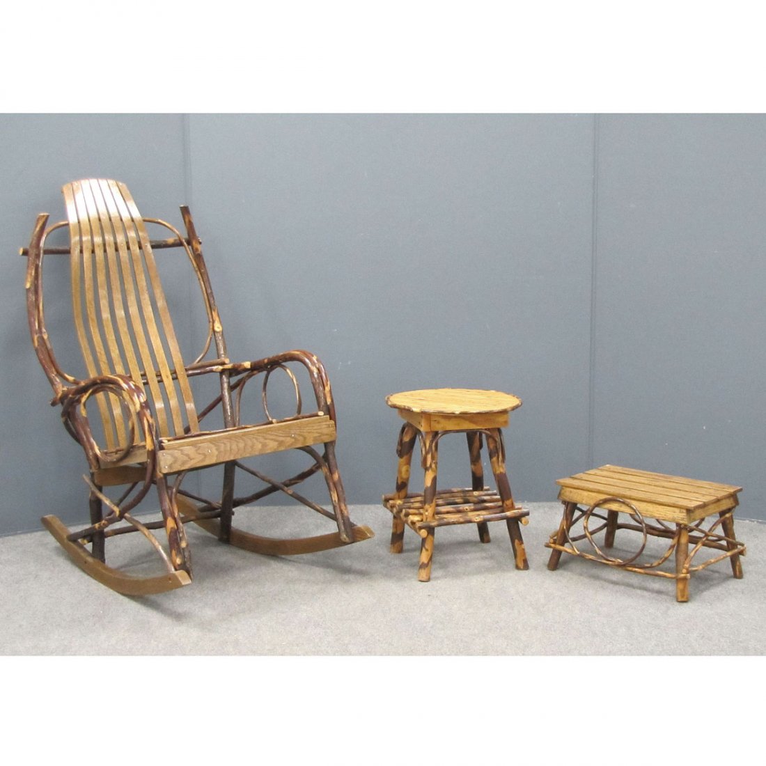 LOT (3) AMISH TWIG WORK ARMCHAIR ROCKER: LOT (3) AMISH TWIG WORK ARMCHAIR ROCKER, FOOT STOOL, AND STAND, SIGNED