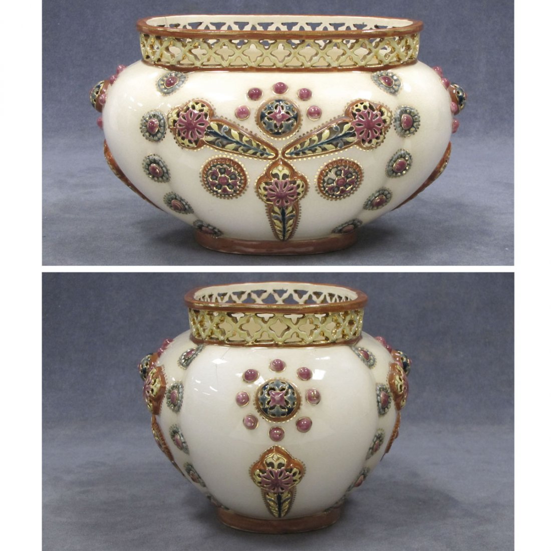 VINTAGE ZSOLNAY POTTERY PIERCED WORK CENTER BOWL: VINTAGE ZSOLNAY POTTERY PIERCED WORK CENTER BOWL, SIGNED. HEIGHT 6"; LENGTH 10" (HAIRLINE)