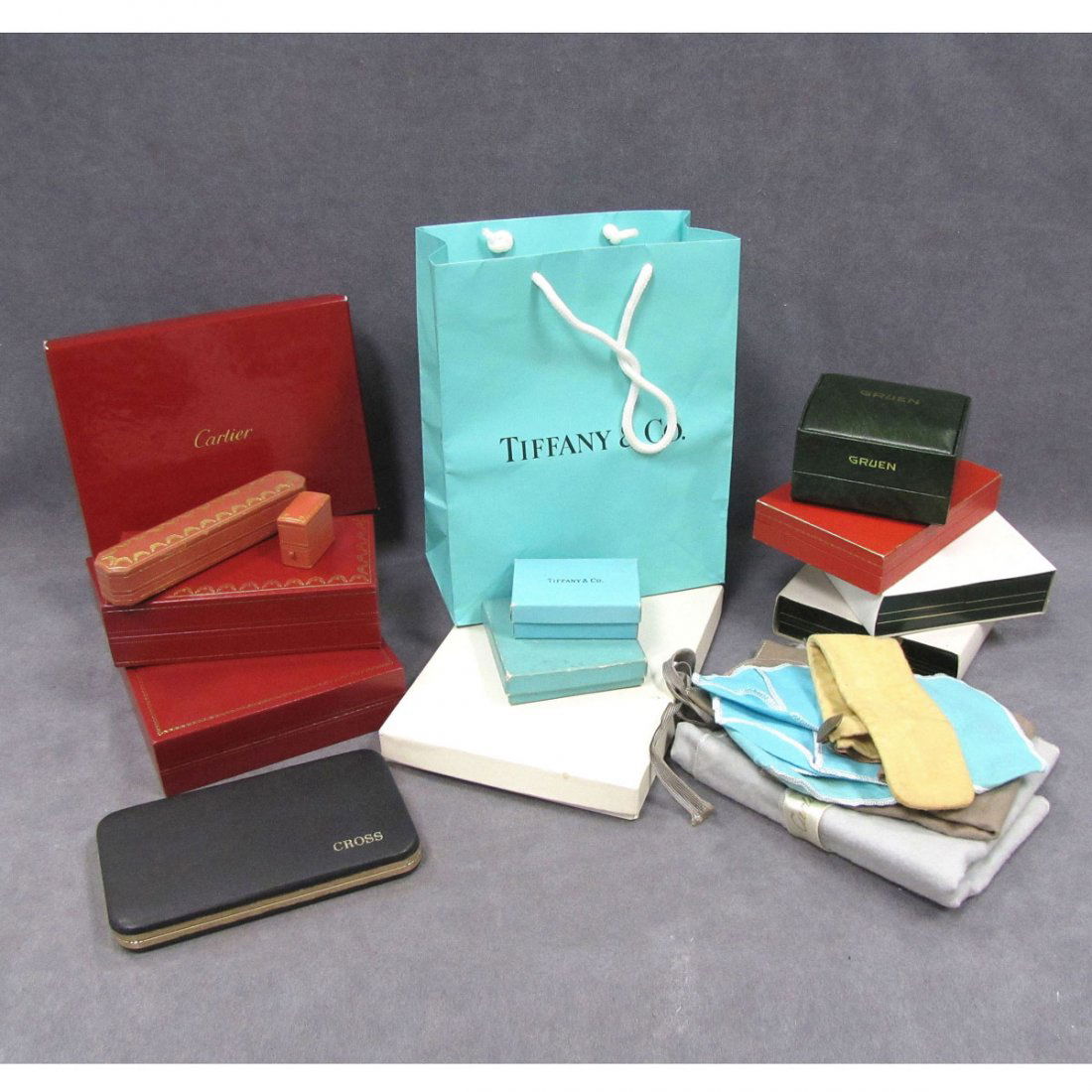 LOT ASSORTED BOXES AND BAGS INCLUDING CARTIER: LOT ASSORTED BOXES AND BAGS INCLUDING CARTIER, TIFFANY, GRUEN, KITNEY & CO, CROSS, HERMES