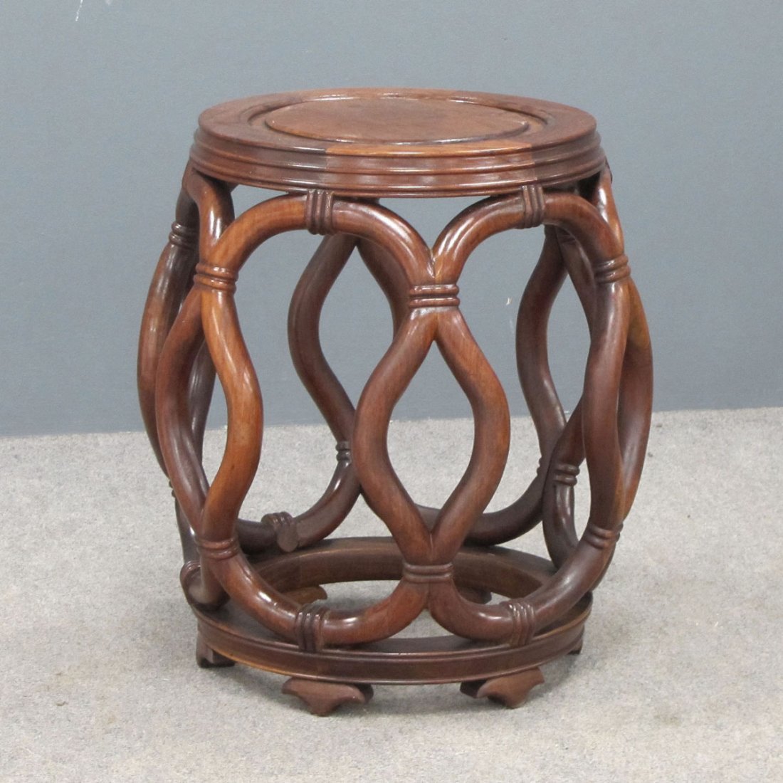 CHINESE CARVED HARDWOOD BARREL-FORM STOOL: CHINESE CARVED HARDWOOD BARREL-FORM STOOL. HEIGHT 18"